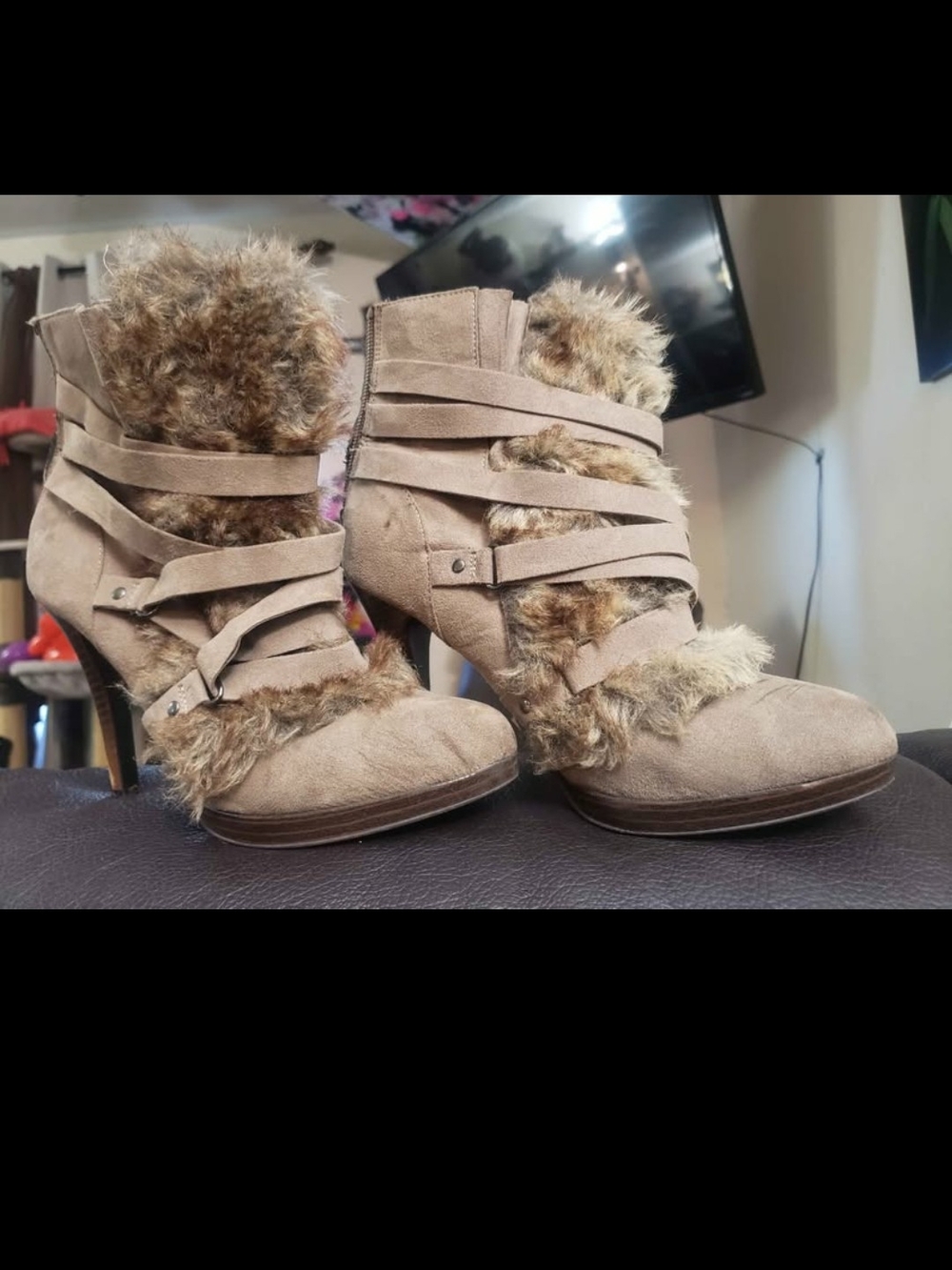 Faux Fur Strappy Ankle Boots - Taupe